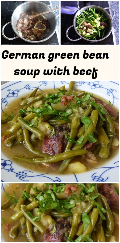 Easy to follow and extremely delicious classic German green bean soup with beef and potatoes recipe made in no time. #glutenfree #comfortfood #paleo #germanrecipes #grünebohnen #stews #suppe #eintopf Green Bean Soup, Paleo Beef Stew, Soup With Beef, Bisque Soup Recipes, Green Beans Soup, Bean And Bacon Soup, Bisque Soup, Bacon Soup, Green Beans And Potatoes