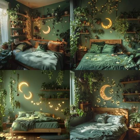 Green Witchy Bedroom, Green Gothic Bedroom, Green Witch Bedroom, Gothic Bedrooms, Witch Bedroom, Mushroom Bedroom, Witchy Bedroom Ideas, Witch Bedrooms, Witchy Bedroom