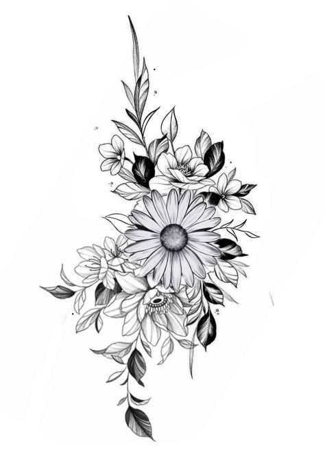 Daisy Bundle Tattoo, Daisy Shoulder Cap Tattoo, Daisy Leg Tattoos For Women, Daisy Tattoo Thigh, Big Daisy Tattoo, Tattoo Coverups For Women, Lower Back Tattoo Cover Up Ideas, Angelina Tattoo, Lower Back Flower Tattoo