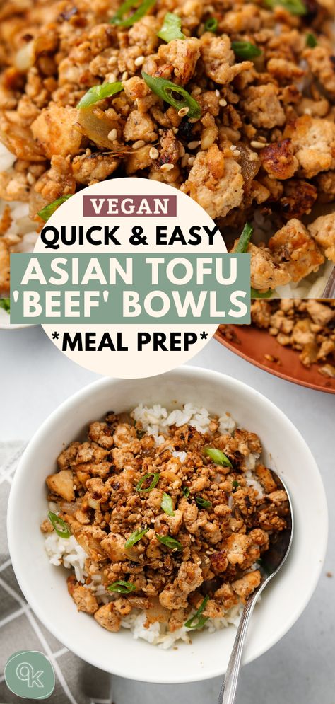 Asian Tofu “Beef” Bowls are a meal prep / weeknight dinner life saver! Ground Tofu Crumbles that’s incredibly easy and made in snap. Serve it over rice and vegetables for a healthy high protein vegan meal.  #veganmealprep #healthymealprep #tofurecipes #mockmeats #asianrecipes Ground Tofu, Vegan Mapo Tofu Recipe, Tofu Beef, High Protein Vegan Meal Prep, Tofu Crumbles, Okonomi Kitchen, Asian Tofu, Tacos Vegan, Vegan Protein Recipes