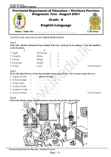 Grade 8 - English - Diagnostic Exam 2021 - Northern Province - www.lkedu.lk Grade 8 English, English Exam Papers, English Exam, Exam Papers, Grade 8, Sheet Of Paper, English Language, Encouragement, Education