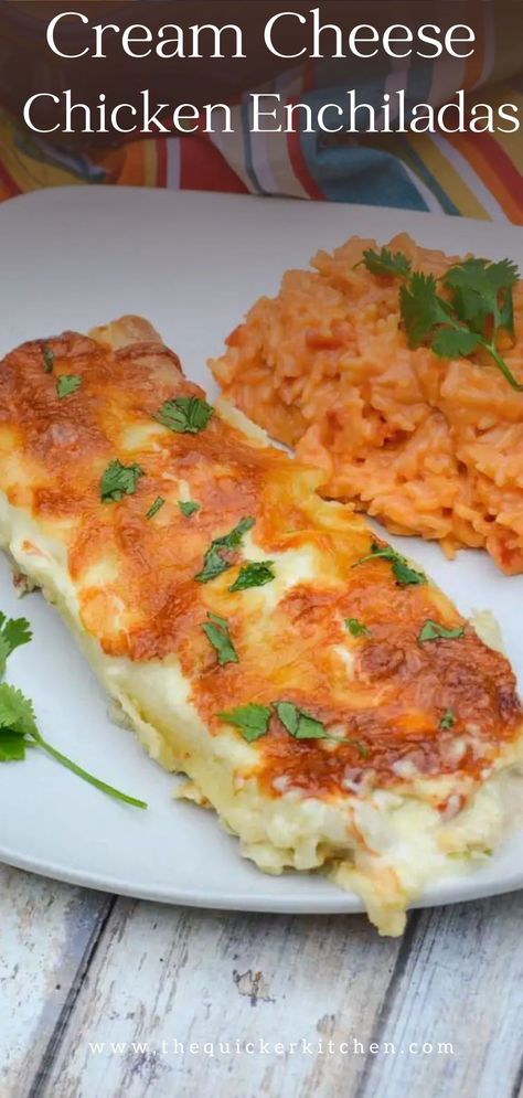 Cream cheese chicken enchiladas are an easy version of white enchiladas. These are loaded with bold flavor and slathered in a creamy sauce for a Mexican inspired dinner everyone will love. Visit thequickerkitchen.com and save this family friendly recipe today! Cream Cheese Enchiladas Chicken, Chicken Enchiladas With Red Sauce Easy, Cheese Enchiladas With Sour Cream Sauce, Chicken Enchiladas Cream Of Chicken, Chicken Enchiladas With Sour Cream White Sauce, Enchanted Sour Cream Chicken Enchiladas, Cream Cheese Chicken Enchiladas 12 Tomatoes, Seafood Enchiladas, Chili Enchiladas