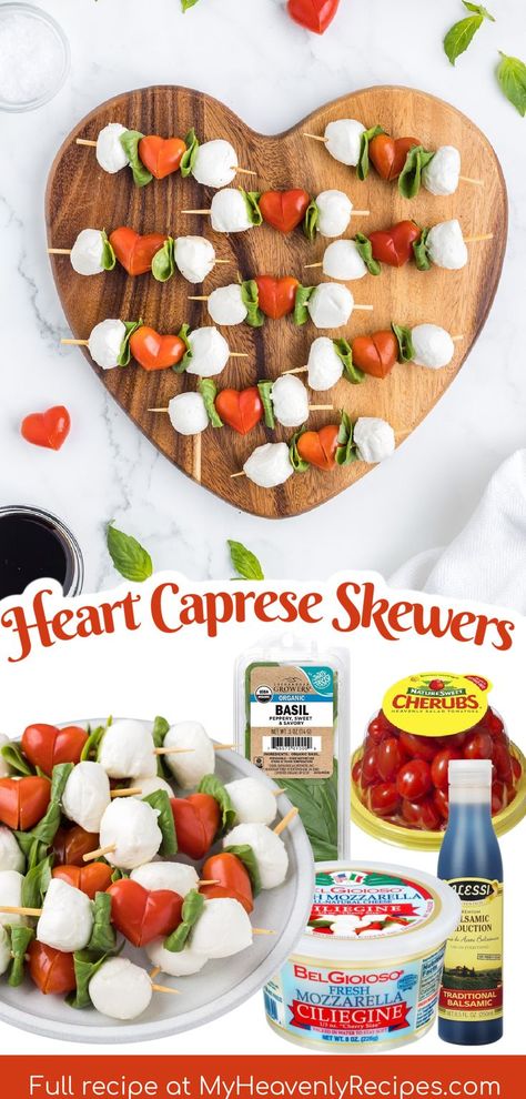 Heart Caprese, Valentine Appetizers, Mozarella Balls, Tomato Skewers, Caprese Skewers, Vegetable Tray, Entertaining Recipes, Balsamic Glaze, Cheese Plate