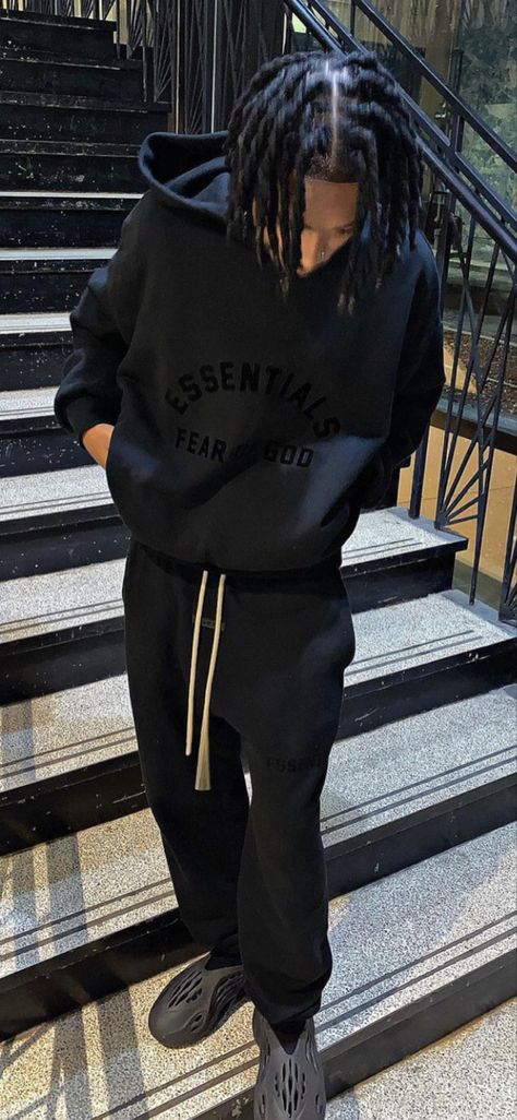 Essentials Hoodie Black Outfit, Chill Boy Outfits, Guy Outfits Black, Tuff Outfits Men, Black Men Styles, Black Male Outfits, Dope Boy Outfits, Opiumcore Outfits Men, Black Men Fits