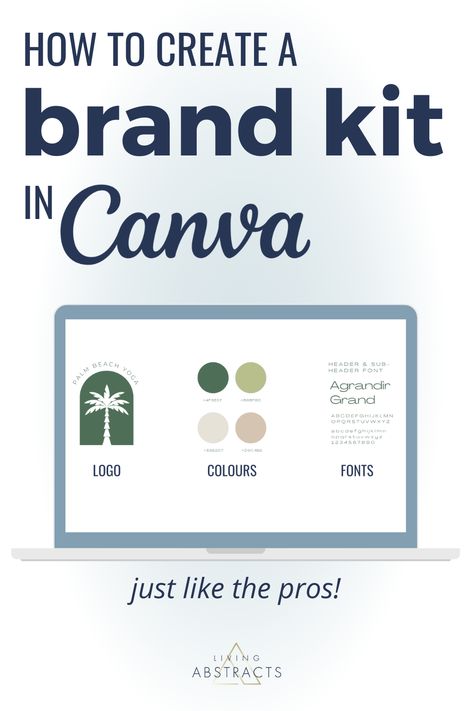 A brand kit in Canva on a desktop screen graphic. How To Create Editable Canva Templates, How To Create A Brand Logo, How To Create A Logo In Canva, Free Canva Branding Kit, Canva Logo Template, Canva For Small Business, Brand Kit Templates Canva, Brand Kit Ideas, Brand Kit Templates