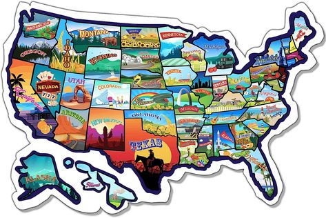 Decorate Your Home, RV, Fifth Wheel, Or Trailer: Add color to a dull wall in your living room, office, store, or brighten your RV door, motorhome, or camper window. Elevate your decorations with this vibrant map of the United States. ✅ Keep Track Of Your Geographic Conquests: Every time you visit a US State, peel the relevant US sticker and stick it on the USA America map. You will soon have a complete visited States map displaying your cool road adventures. Usa States Map, State Stickers, Travel Trailer Decor, Road Trip Gifts, Usa Travel Map, Rv Decals, Us State Map, Trailer Decor, United States Map