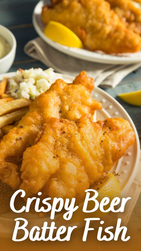 Crispy Beer Batter Fish - Appetizers & Entrees Easy Beer Battered Fish, Beer Batter Cod Recipes, Beef Battered Fish, Crispy Beer Batter Fish, Beer Battered Walleye Recipes, Homemade Beer Batter Fish, Fish Chips Recipes Beer Batter, Breaded Baked Fish Recipes, Baked Beer Battered Fish