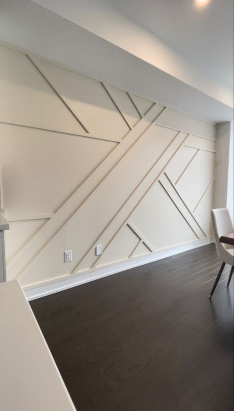 #geometrics #accenteall #benjaminmoore #modern #moulding #trim #elevate #realestate #decor #diy #cheap #featurewall Diagonal Panel Wall, Geometric Accent Wall Ideas, Barndominium Shop, Accent Feature Wall, Geometric Accent Wall, Office Feature Wall, Featured Wall, Wall Ladder, Feature Wall Design