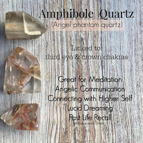 Crystal Bae💜 on Instagram: “Info card for today: Amphibole Quartz or Angel Phantom Quartz ••••••••••••••••••••••••••••• This Crystal is all about reaching the higher…” Amphibole Quartz Meaning, Phantom Quartz Meaning, Amphibole Quartz, Ajna Chakra, Crystals Meanings, Crystal Magick, Crystal Photography, Crystal Work, Auric Field