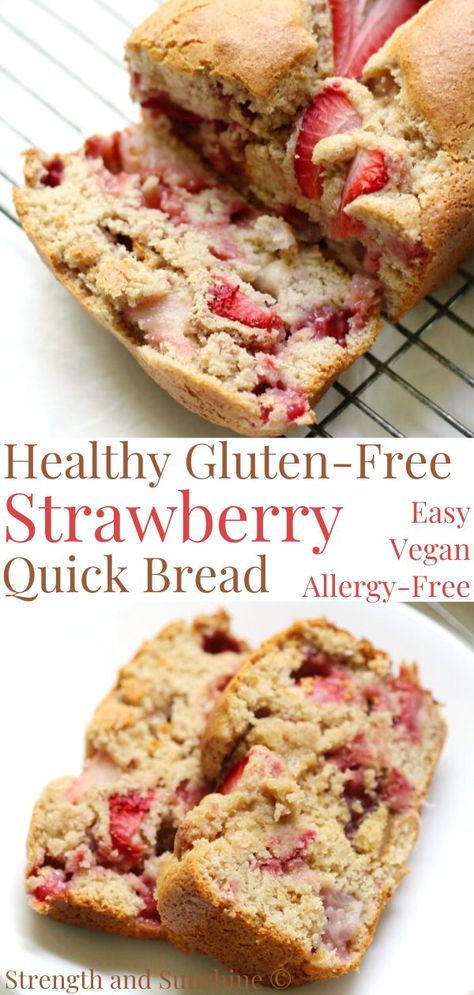 This super easy Healthy Gluten-Free Strawberry Quick Bread is vegan, allergy-free, and perfect for spring season breakfast, brunch, dessert, or snack! Bursting with fresh sweet strawberries, this strawberry bread recipe will be a family favorite! #springrecipes #strawberry #quickbread #glutenfreebread #breadbaking #glutenfreebaking #strawberrybread Vegan Strawberry Bread, Strawberry Bread Recipes, Brunch Dessert, Baking Breakfast, Quick Bread Recipe, Pain Sans Gluten, Strawberry Bread, Brunch Desserts, Summer Baking