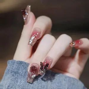 24Pcs Medium Press on Nail Glitter Fake Nails 3D Butterfly False Nails Red Acrylic Nails 3D Flower Artificial Nails Coffin Glue on Nails Rhinestones false nails & accessories Pink Coffin, Fake Nails Long, Butterfly Nails, Nails Press, Nagel Tips, Manicure Diy, Coffin Press On Nails, Party Nails, Diy Nail Art