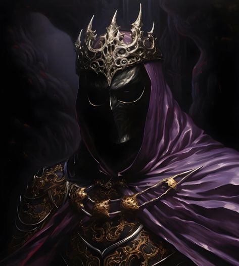 dark fantasy, horror, magic, king, portrait, mask, crown, scary, purple, cloak, gold, book character Fantasy Evil King, Dark Fantasy Crown, Moon Cloak, Undead King, Football Pfp, Dark Fantasy Horror, Purple Cloak, King Mask, Evil Mask