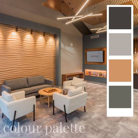 Soft, inviting grey-teal hue takes center stage, playing off a vibrant, sun-kissed sand tone on the featured wall art. Above, laser-cut copper sheets form a unique false ceiling, providing an anchor for pendant lights to dangle artfully.  #medicalpratice #architecture  #fitoutdesign #officedesign #fitout #praticedesign #interior #fitoutservices #officefitout #doctorsoffice  #decor #healthcarefitout #design #fitouts #medicalclinc #interiordesign #office #healthcaredesign #designinspiration Doctor Office Color Palette, Office Waiting Area Interior Design, Waiting Room Design Reception Areas, Medspa Decor, Cream Colour Palette, Office Color Palette, Clinic Reception, Featured Wall, Waiting Room Design