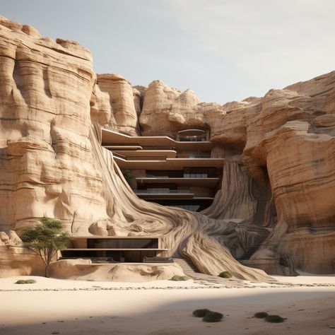 Desert Architecture Design, Desert Architecture Concept, Mountain Architecture Concept, Carved Architecture, Hillside Architecture, Rock Architecture, Mountain Resort Architecture, Desert Architecture, Environmental Architecture