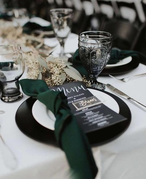 Black Green And Gold Wedding Wedding Table Decor, Dark Green Wedding Accents, Black Green Table Setting, Emerald Green And Gold Table Setting, Dark Green And Sage Green Wedding, Emerald Green And Gold Table Decor, Emerald Green Wedding Table Decor, Green And Black Table Setting, Black And Green Table Setting