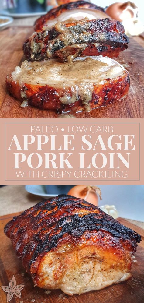 Need something a little different for the holidays? This Apple Sage Pork Loin with Crispy Crackling is absolutely delicious! Loaded with a fresh herb applesauce, the pork loin is slow roasted until crispy on the outside and tender inside. Slow Roasted Pork Loin, Cooking Pork Loin, Paleo Pork Tenderloin, Paleo Pork Recipes, Pork Crackling, Roasted Pork Loin, Pork Sirloin, Paleo Pork, Apple Pork