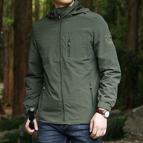 Men's Hiking Jacket Hiking Windbreaker Outdoor Windproof Breathable Quick Dry Water Resistant Hoodie Top Camping / Hiking / Caving Sapphire Black khaki Army Green 2024 - $39.99 Jacket Coat Fashion, Green Windbreaker, Mens Outdoor Jackets, Hiking Jacket, Outdoor Jacket, Mens Hooded, Mens Fall, Waterproof Jacket, Fall Jackets