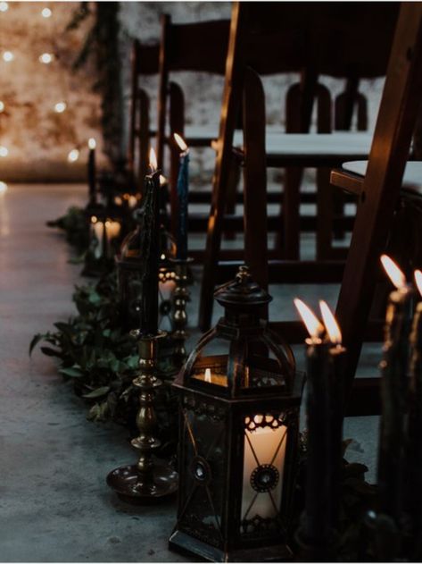 Dark Wedding Aisle, Wedding Isles Decoration Moody, Moody Wedding Dress White, Dark Earthy Wedding Theme, Goth Woods Wedding, Goth Wedding Aisle Decor, Goth Wedding Aisle, Dark And Moody Wedding Ideas, Moody Speakeasy Wedding