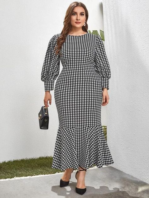 Plus Lantern Sleeve Fishtail Hem Houndstooth Dress | SHEIN USA Modest Maxi Dress, Modest Maxi, Heart Confetti, Houndstooth Dress, Bishop Sleeve, Lantern Sleeve, Shein Style, Lantern Sleeves, Mode Fashion