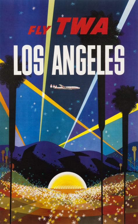 Los Angeles – Fly TWA by David Klein (circa 1959) Los Angeles Party, Los Angeles Wall Art, Los Angeles Poster, Vintage Airline Posters, Hollywood Vintage, Los Angeles Hollywood, Vintage Airlines, Retro Travel Poster, Cinema Posters