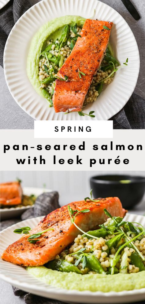 Salmon Pea Puree, Salmon With Parsnip Puree, Salmon With Pea Puree, Salmon With Cauliflower Puree, Leek And Salmon Recipe, Salmon With Leeks, Leek Sauce For Fish, Salmon And Leeks, Salmon And Leek Recipes