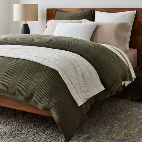 Jersey & Hemp Layered Bedding Look | West Elm Green Bed Comforter Ideas, Green Bed Inspiration, Master Bedrooms Dark Bedding, Olive Green Bed Spread, Bedroom With Olive Green Bedding, Guest Bedroom Green Bedding, Master Bedrooms Decor Green Bedding, Olive Comforter Bedroom, Moss Green Bedding Ideas