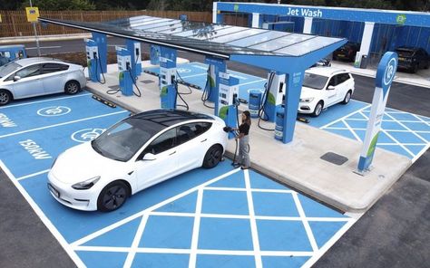 EV charging forecourt in UK Car Wash Systems, Hydrogen Car, Electric Charging Stations, Car Charging Stations, Car Station, Electric Car Charging, Ev Chargers, Ev Charging Stations, Photo Wall Gallery