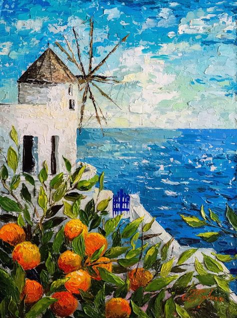 Greece Simple Painting, Blending Colors Paint Canvases, Greece Art Paintings, 444 Painting Ideas, Greece Painting Easy, Paintings Of Greece, Greece Acrylic Painting, Knife Painting Acrylic Canvases, Greece Landscape Painting