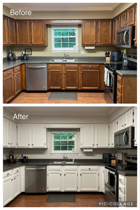 Before and After Painted Kitchen Cabinets Wood Cabinets Painted White, Painting Kitchen Cabinets White Before And After, Brown Cabinets Painted White, Kitchen Repaint Before And After, Repainted White Kitchen Cabinets, Painted Old Kitchen Cabinets Before And After, Painted White Oak Kitchen Cabinets, White Painted Oak Cabinets, Painted White Cabinets Kitchen