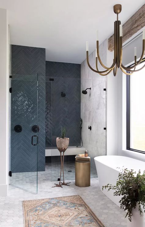 20 Modern Shower Ideas to Start Your Mornings in Style Large Shower No Door, Showers With Blue Tile, Light Blue Shower Tile Ideas, Shower Staging Ideas, Marble Master Shower Ideas, Shower Remodel Large Tile, Bath In Front Of Shower Wall, Small Tiled Bathroom Ideas, Shower Waterfall Tile Ideas