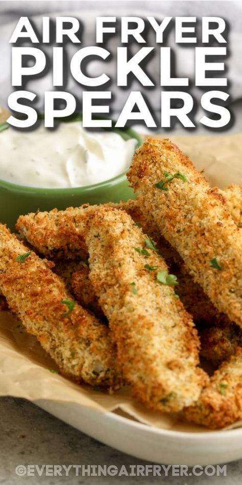 These air fryer pickle spears are a quick and easy appetizer or snack. In this recipe, pickles are cut, breaded with crispy panko bread crumbs, and then fried in the air fryer. These are the best for serving on game day, with a dip and a plate of other appetizers. Spicy, crispy, and oh so good!  #airfryerpicklespears #airfryerpickles #breadedairfryerpickles #everythingairfryer Healthy Fried Pickles, Easy Fried Pickles, Fried Pickle Spears, Pickle Spears, Fried Pickles Recipe, Fried Bread Recipe, Air Fryer Recipes Snacks, Pickle Recipes, Tiny Foods