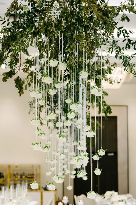 WedLuxe Magazine A Sweet Soirée Hanging Flowers Wedding, Rose Wedding Decorations, Hanging Centerpiece, Bouquet Party, Wedding Ceiling, Event Decorating, Boda Diy, Wedding Chandelier, Arch Decoration Wedding