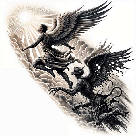 Angel Demon Tattoo, Apocalypse Tattoo, Sagittarius Tattoo Designs, Fallen Angel Tattoo, Angel Sketch, Archangel Tattoo, Tattoo Catalog, Skull Sleeve Tattoos, Evil Tattoos