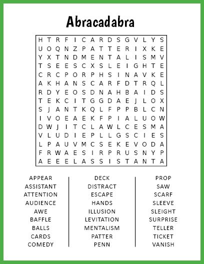 Free Printable Abracadabra Word Search Large Print Word Search, Puzzle Pictures, Saving Challenges, Number Puzzles, Word Search Puzzles, Word Searches, Magic Show, Word Puzzles, Money Saving Challenge