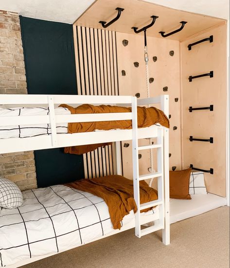 Monkey bars, rock climbing wall, climbing rope, bunk beds. Boys Room With Bunk Beds, Bunk Bed Boys Room, Boys Room Bunk Beds, Shared Boys Room, Bunk Beds For Boys Room, Shared Boys Rooms, Bunk Bed Room, Bunk Beds Boys, Toddler Bunk Beds