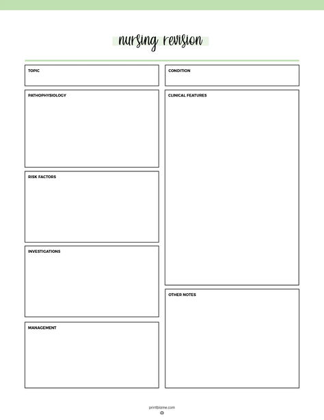 A nursing revision sheet with sections for topic, condition, pathophysiology, clinical features, risk factors, investigations, management, and notes. Nurse Practitioner Student Study Guides, Nursing Notes Template, Nursing Templates, Study Templates, Nurse Study, Study Process, Nursing Motivation, Outline Template, Nurse Study Notes