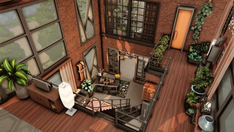 Converted Warehouse Home - The Sims 4 Rooms / Lots - CurseForge Loft Apartment Outside, Sims 4 Houses Industrial, Industrial Penthouse Sims 4, Industrial Home Sims 4, Sims 4 Loft Ideas, Industrial Sims 4 House, Sims 4 Penthouse Build, City Living Apartment Sims 4, Sims 4 Loft Cc