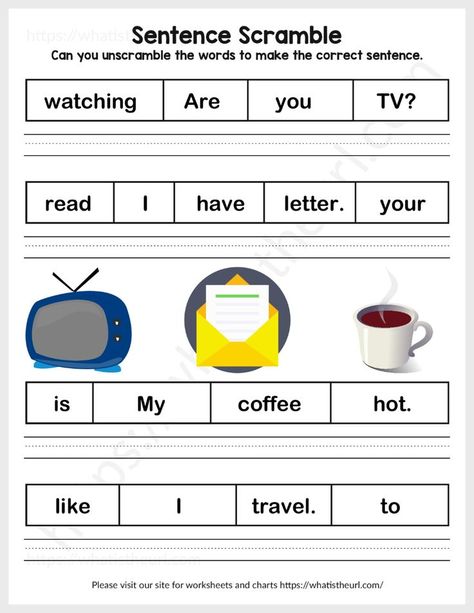 These worksheets include sentence scrambling as well as writing practice. You can write them in cursive or in regular way.Please download the PDF Unscramble the Words and Write the Sentences-exercise 4 Writing Sentences Kindergarten, Writing Sentences Worksheets, Common App Essay, Making Sentences, Writing Complete Sentences, Sentence Scramble, English Worksheets For Kindergarten, Grammar For Kids, Kindergarten Reading Worksheets