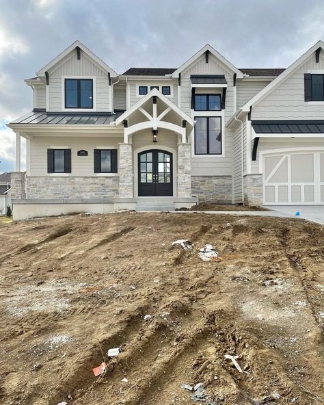 Stone House With Cedar Shakes, Shingles And Stone Exterior, Cream Colored Vinyl Siding Houses, Houses With Shingle Siding, Brick And Stone Craftsman Exterior, Board And Batten Cedar Shake, Ivory Siding House Exterior Colors, House Front Gable Design, Espresso Siding Exterior