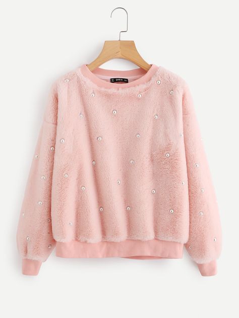 Shop Drop Shoulder Allover Pearl Faux Fur Sweatshirt online. SheIn offers Drop Shoulder Allover Pearl Faux Fur Sweatshirt & more to fit your fashionable needs. Fur Sweatshirt, Fur Top, Trendy Hoodies, Trendy Fashion Tops, Stylish Sweaters, Cute Sweatshirts, Fashion Attire, Pink Long Sleeve, Kpop Fashion Outfits