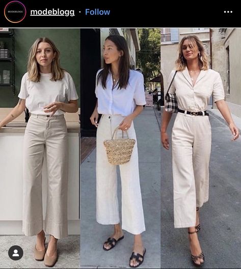 Cropped Beige Pants Outfit, Cream Jeans Work Outfit, Semi Casual Work Outfit Women Summer, Cream Culottes Outfit, Cream Cropped Pants Outfit, Beige Cullotes Outfit, Beige Culottes Outfit, Cream Color Jeans Outfit, Cream Color Pants Outfit