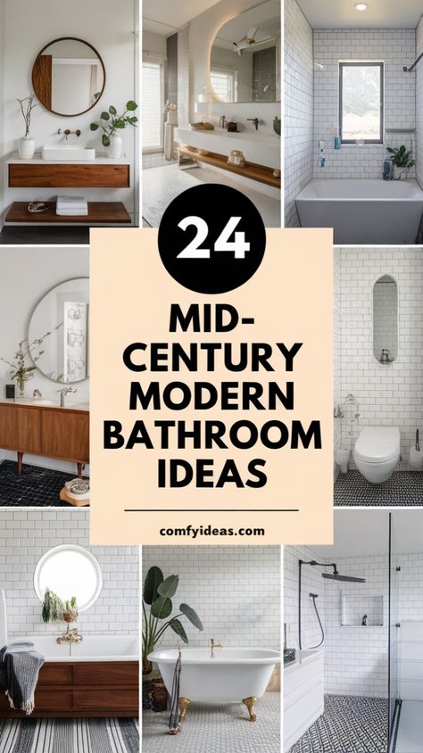 Achieve timeless elegance with these mid-century modern bathroom designs. Explore floating vanities, bold geometric patterns, and warm wooden accents. Visit our site for more inspiration! Small Mid Century Bathroom, Mid Century Modern Bathroom Vanity, Mid Century Modern Bathroom Decor, Mid Century Bathroom Remodel, Designing A Bathroom, Floating Vanities, Timeless Bathroom Design, Bathroom Layout Ideas, Mid Century Modern Vanity