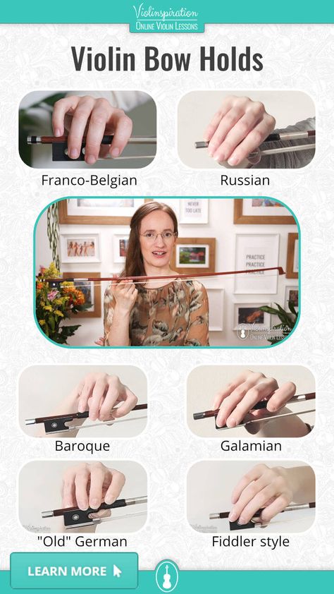 How you hold the bow can make a surprisingly big difference between sharp and smooth sounds, professional or beginner sounds. There are various violin bow holds that violinists and fiddlers use and it is something that has been evolving along with the violin. let’s have a closer look at the bow holds that we can see most often among violinists. Click on the pin and head on to my blog post to learn about all the most common violin bow holds. Which one do you prefer?🤔 #violin #music #practice How To Hold A Violin Bow, How To Hold A Violin, Violin Bow Hold, How To Learn Violin, How To Play Violin, Violin Notes For Beginners, Violin Aesthetic Vintage, Violin Anatomy, How To Make Bow