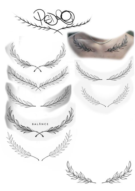 Collar Bone Tattoo Men Ideas, Mens Necklace Tattoo, Under Collar Bone Tattoos Men, Laurel Wreath Tattoo Men Chest, Male Chest Tattoos Ideas Men, Olive Branch Neck Tattoo, Mens Collar Bone Tattoo, Laurel Wreath Tattoo Men, Leaf Neck Tattoo