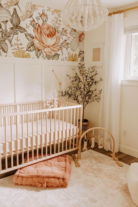 Peach Boho Nursery, Girly Nursery Ideas Boho, Girly Nursery Ideas Floral, Half Wall With Wallpaper, Whimsical Garden Nursery, Baby Girl Forest Nursery, Peach Nursery Ideas, Eclectic Nursery Girl, Peach Baby Nursery