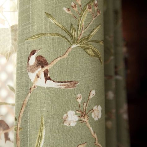 Bird Curtains, Bird Plant, American Pastoral, Brown Liner, Plant Window, White Liners, Green Curtains, Green Bird, Window Drapes