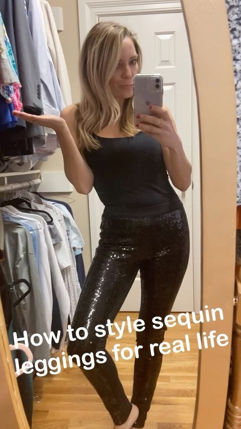 Sequined Leggings Outfit, Sequin Leggings Outfit Casual, What To Wear With Black Sequin Pants, What To Wear With Sequin Pants, Black Sequin Leggings Outfit, Glitter Leggings Outfit, Sparkle Leggings Outfit, Sequin Pants Outfit Holiday, Sequin Leggings Outfit