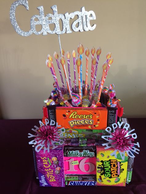 Candy Bar Cake for Allie's Sweet 16 Birthday! 16 Birthday Gifts, 16th Birthday Gifts For Girls, Birthday Candy Bouquet, Sweet 16 Candy, Sweet 16 Birthday Gifts, Sweet 16 Gifts, Birthday Gift Baskets, Candy Crafts, Birthday Candy