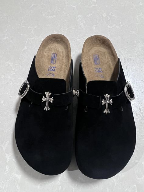 Cross Black Brogue Shoes with Thick Sole - Genuine Leather Slip-On Loafers Chrome Hearts Boston Clogs, Chrome Hearts Shoes, Chrome Hearts Outfit, Vintage Leather Sandals, Shoe Rotation, Cow Hide Shoes, Black Brogues, Black Birkenstock, Pretty Shoes Sneakers