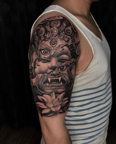 Nepali Tattoo, Nepal Tattoo, Buddha Tattoo Sleeve, Buddha Tattoo Design, Surreal Tattoo, Thailand Tattoo, Monkey Tattoos, Buddha Tattoos, Realistic Tattoo Sleeve